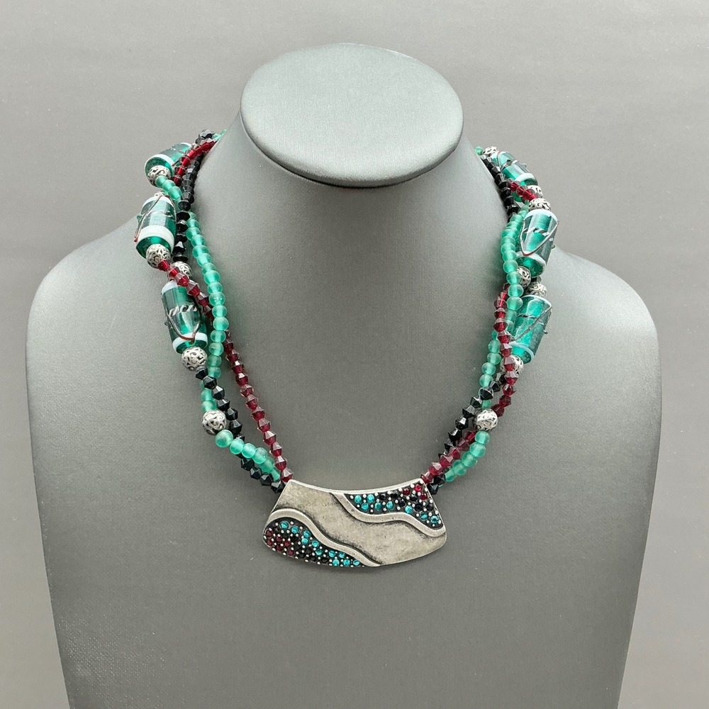 Chico's Necklace Multi Strand Turquoise Red Black Beaded Rhinestone Pendant 19"